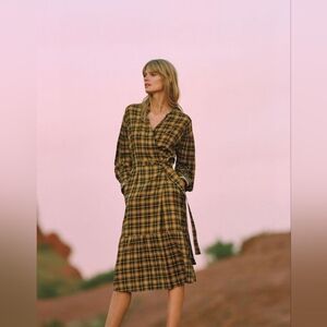 NWT Anthropologie Dalton Plaid Midi Wrap Dress Long Sleeve Yellow Brown Size S